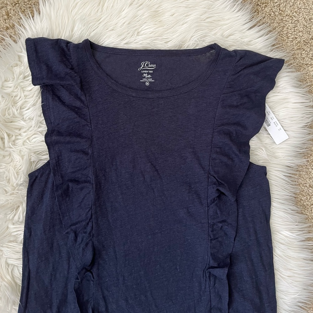 {J. Crew} Linen Ruffle Shell Shell Tank in Navy - Women's Medium - NWT - Picture 3 of 11